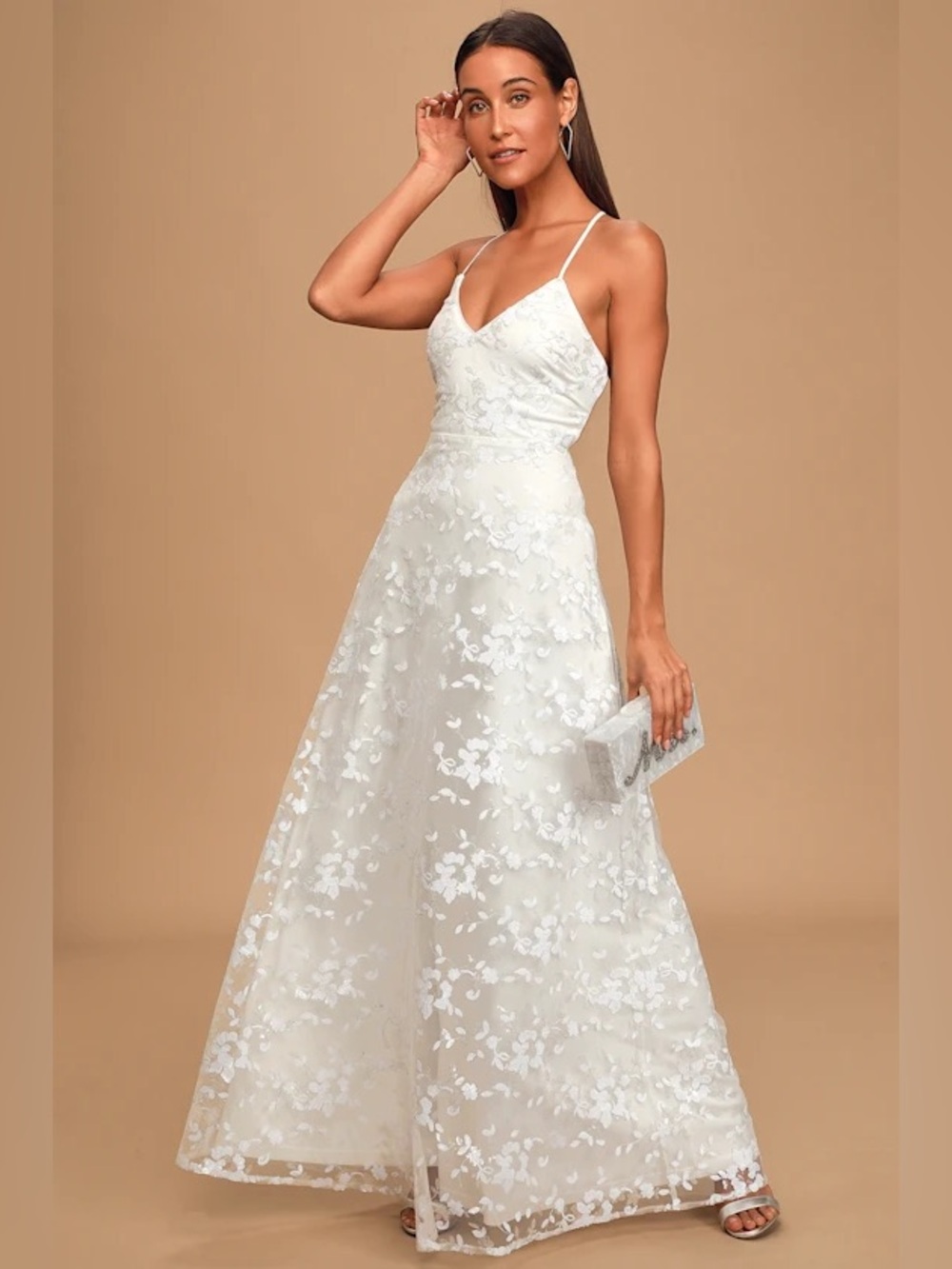 Lulu’s Magically Charming White Sequin Embroidered Lace-Up Bridal Maxi Dress